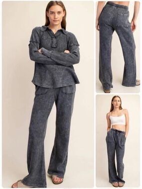 Rae Mode Waffle Knit top & Pants set in Washed Charcoal